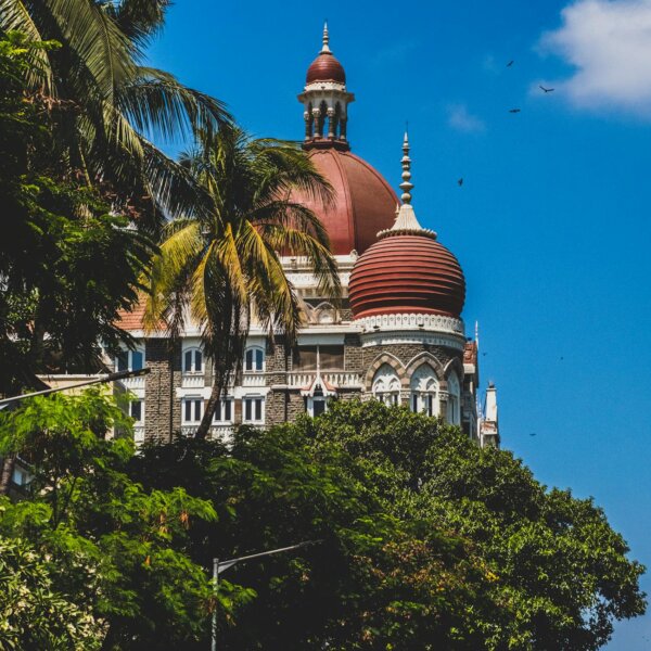 A view of the Taj Mahal Palace Hotel's iconic dome surrounded by trees under a clear blue sky in Mumbai, India.